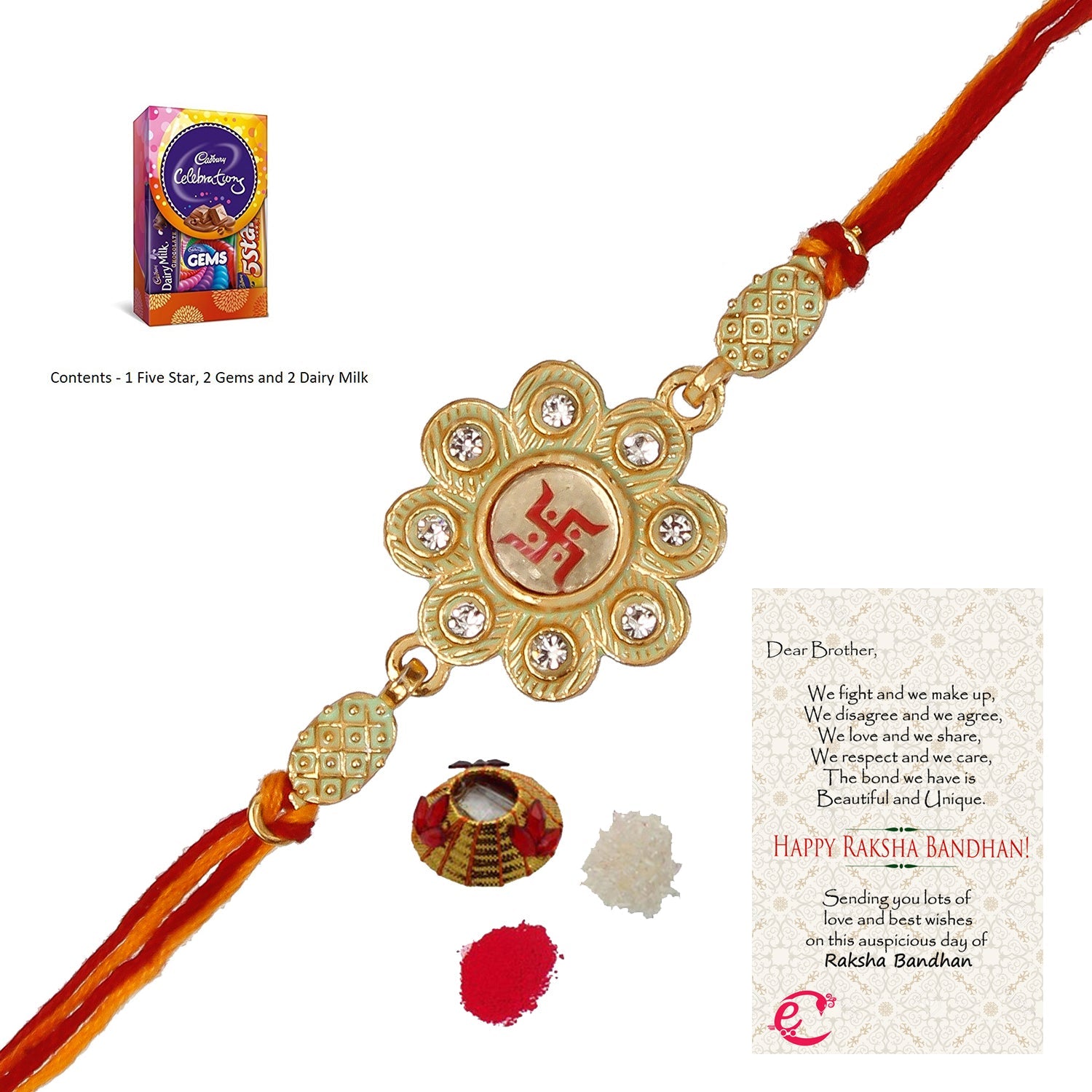 Designer Religious Swastik Rakhi with Cadbury Celebrations Gift Pack of 5 Assorted Chocolates and Roli Tikka Matki, Best Wishes Greeting Card Kafalo