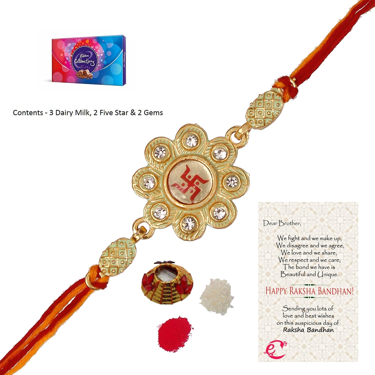 Designer Religious Swastik Rakhi with Cadbury Celebrations Gift Pack of 7 Assorted Chocolates and Roli Tikka Matki, Best Wishes Greeting Card Kafalo