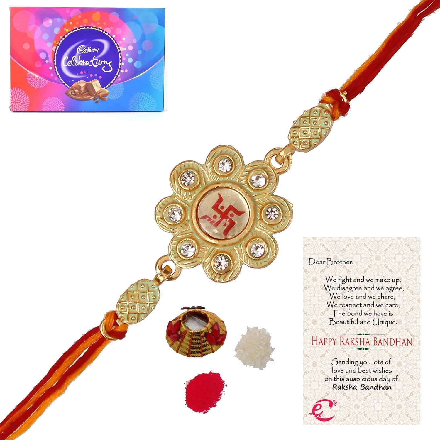 Designer Religious Swastik Rakhi with Cadbury Celebrations Gift Pack of 11 Assorted Chocolates and Roli Tikka Matki, Best Wishes Greeting Card Kafalo