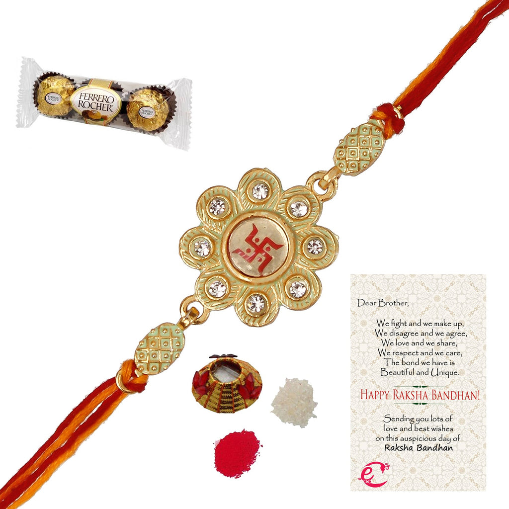 Designer Religious Swastik Rakhi with Ferrero Rocher (3 pcs) and Roli Tikka Matki, Best Wishes Greeting Card Kafalo