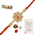 Designer Religious Swastik Rakhi with Ferrero Rocher (3 pcs) and Roli Tikka Matki, Best Wishes Greeting Card Kafalo