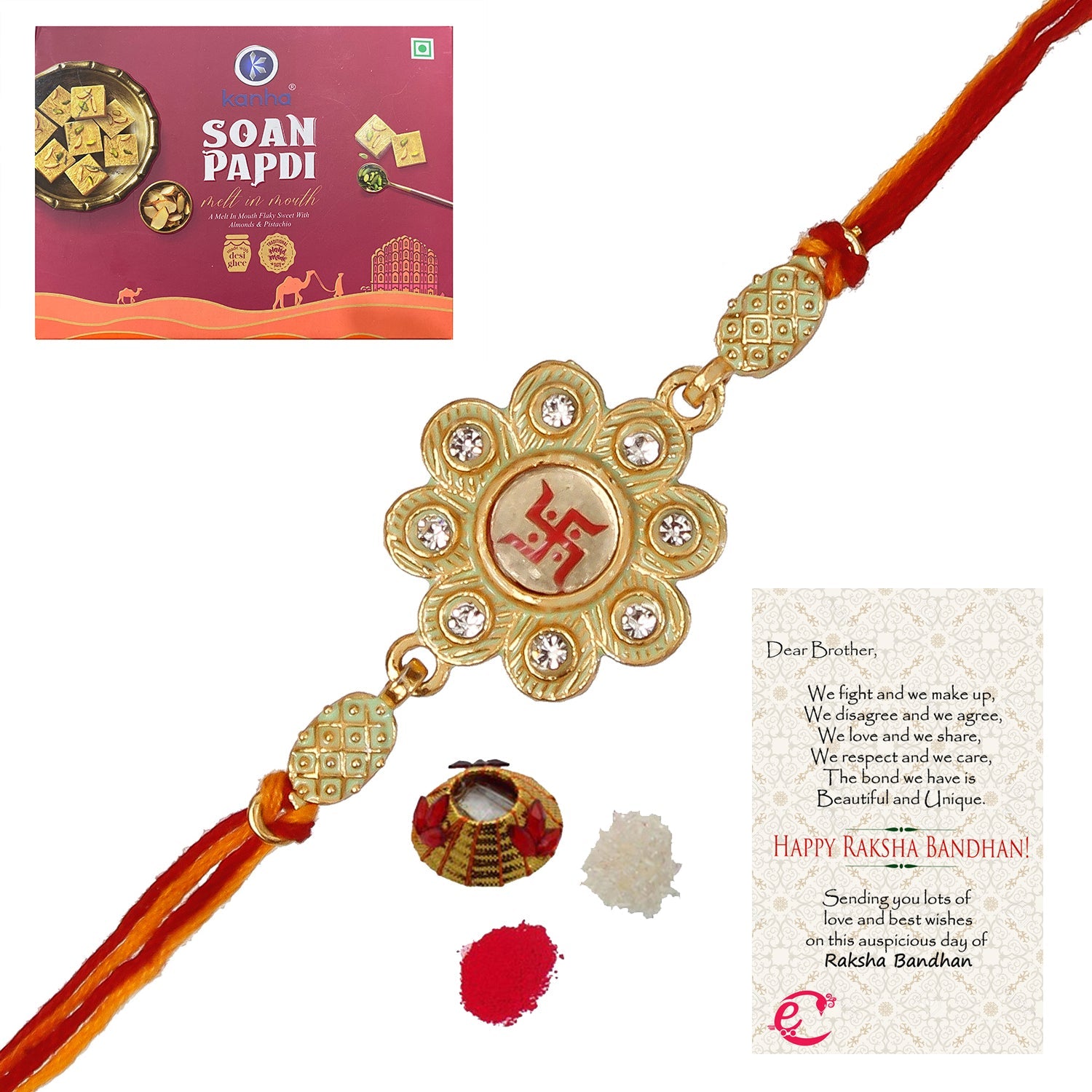 Designer Religious Swastik Rakhi with Soan Papdi (500 Gm) and Roli Tikka Matki, Best Wishes Greeting Card Kafalo