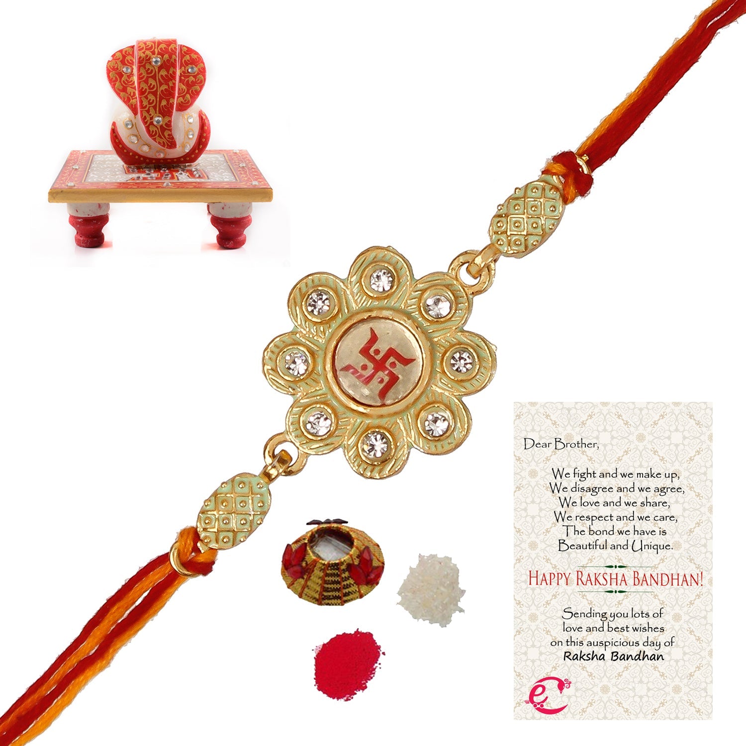 Designer Religious Swastik Rakhi with Ridhi Sidhi Marble chowki and Roli Tikka Matki, Best Wishes Greeting Card Kafalo