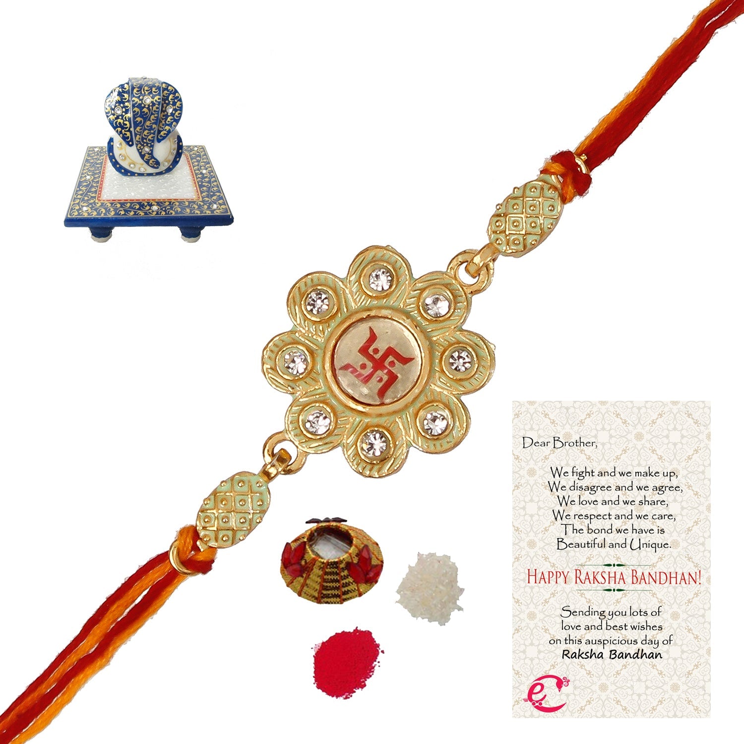 Designer Religious Swastik Rakhi with Lord Ganesha Marble Chowki and Roli Tikka Matki, Best Wishes Greeting Card Kafalo