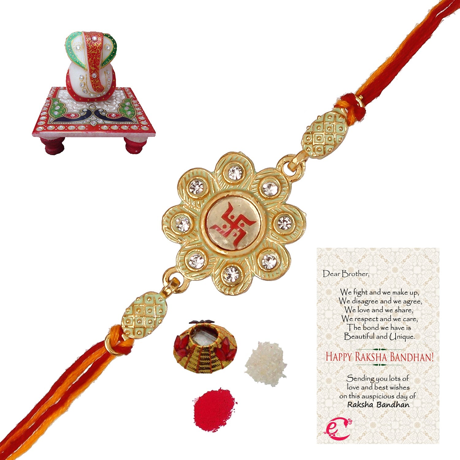 Designer Religious Swastik Rakhi with Lord Ganesha Marble Chowki and Roli Tikka Matki, Best Wishes Greeting Card Kafalo