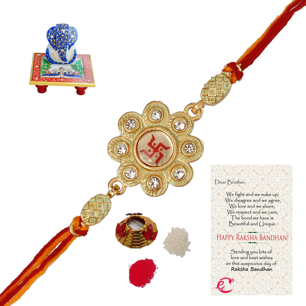 Designer Religious Swastik Rakhi with Lord Ganesha on Marble Chowki and Roli Tikka Matki, Best Wishes Greeting Card Kafalo