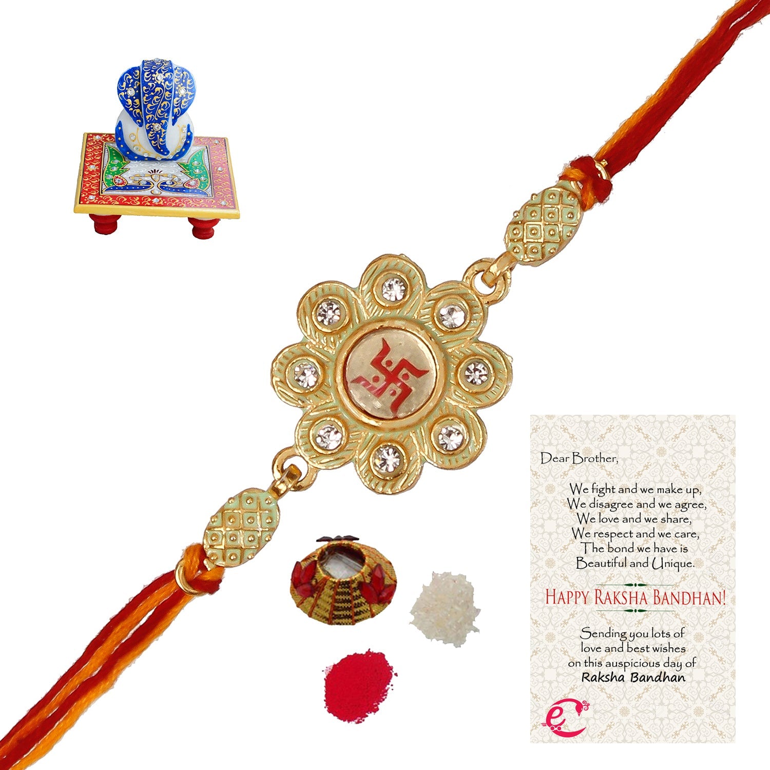 Designer Religious Swastik Rakhi with Lord Ganesha on Marble Chowki and Roli Tikka Matki, Best Wishes Greeting Card Kafalo
