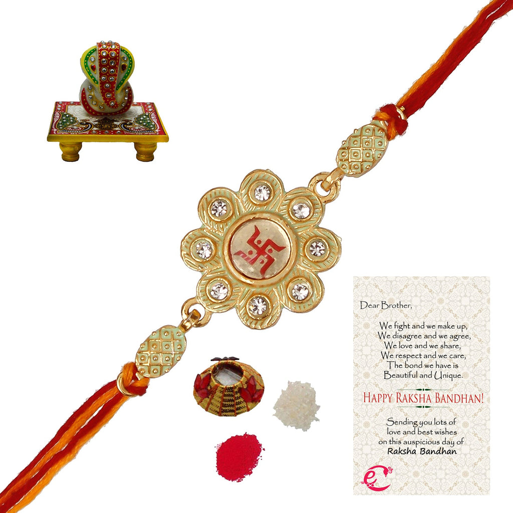 Designer Religious Swastik Rakhi with Lord Ganesha on Marble Chowki and Roli Tikka Matki, Best Wishes Greeting Card Kafalo