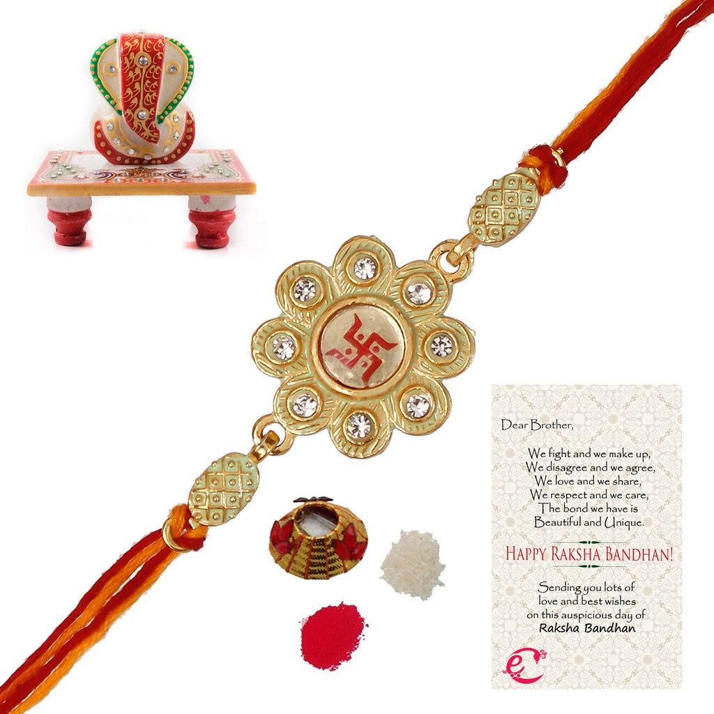 Designer Religious Swastik Rakhi with Lord Ganesha Marble Chowki and Roli Tikka Matki, Best Wishes Greeting Card Kafalo