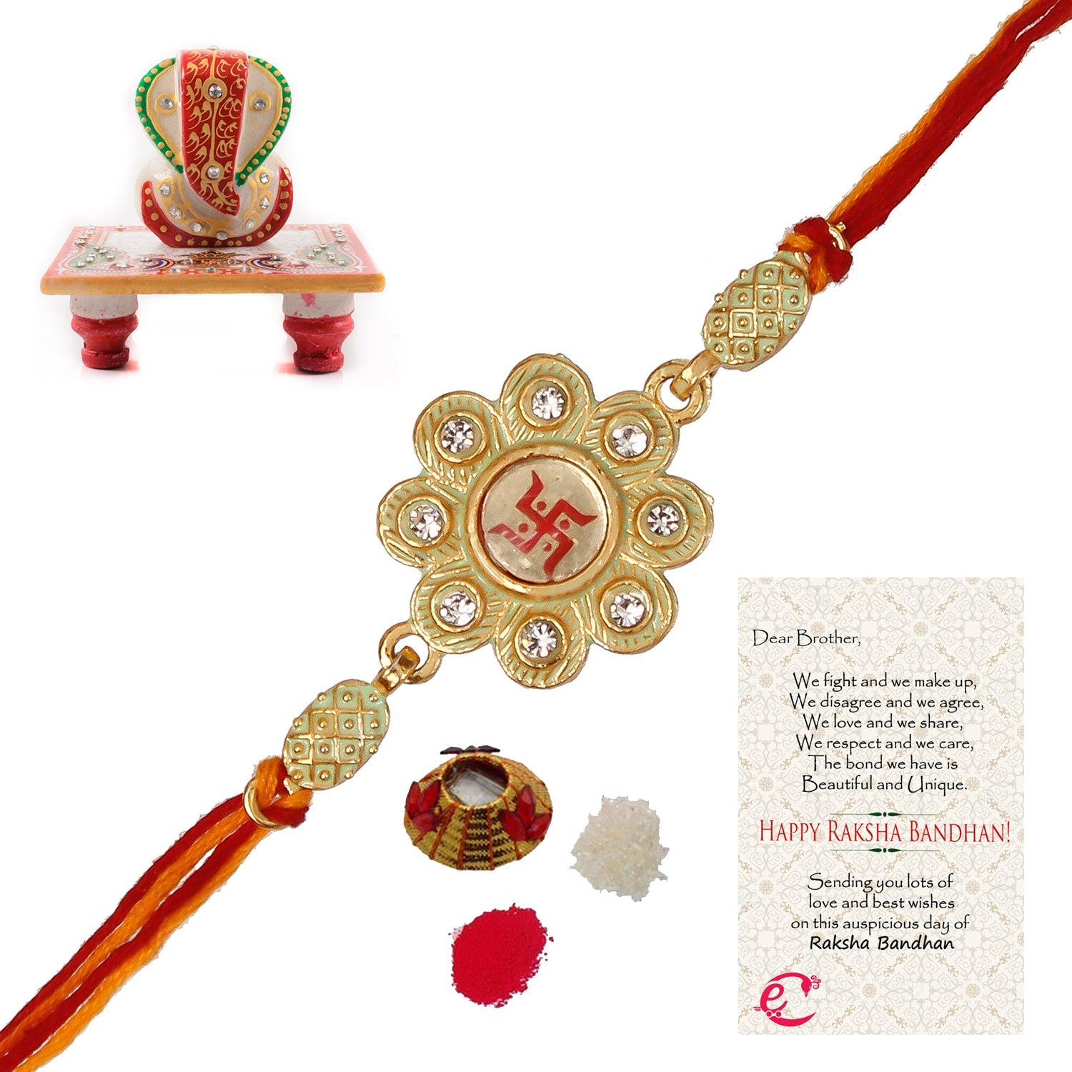Designer Religious Swastik Rakhi with Lord Ganesha Marble Chowki and Roli Tikka Matki, Best Wishes Greeting Card Kafalo