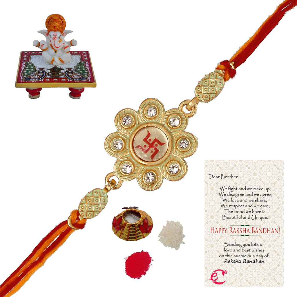 Designer Religious Swastik Rakhi with Lord Ganesha Marble Chowki and Roli Tikka Matki, Best Wishes Greeting Card Kafalo