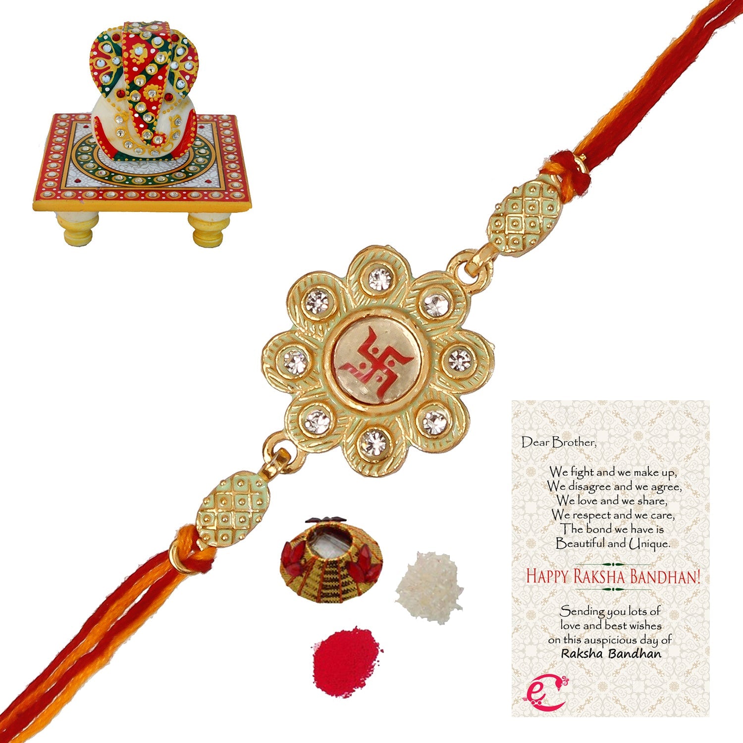 Designer Religious Swastik Rakhi with Lord Ganesha on Kundan Studded Marble Chowki and Roli Tikka Matki, Best Wishes Greeting Card Kafalo