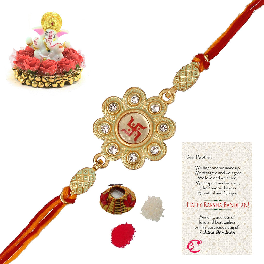 Designer Religious Swastik Rakhi with Lord Ganesha Idol on Decorative Plate for Car & Home and Roli Tikka Matki, Best Wishes Greeting Card Kafalo