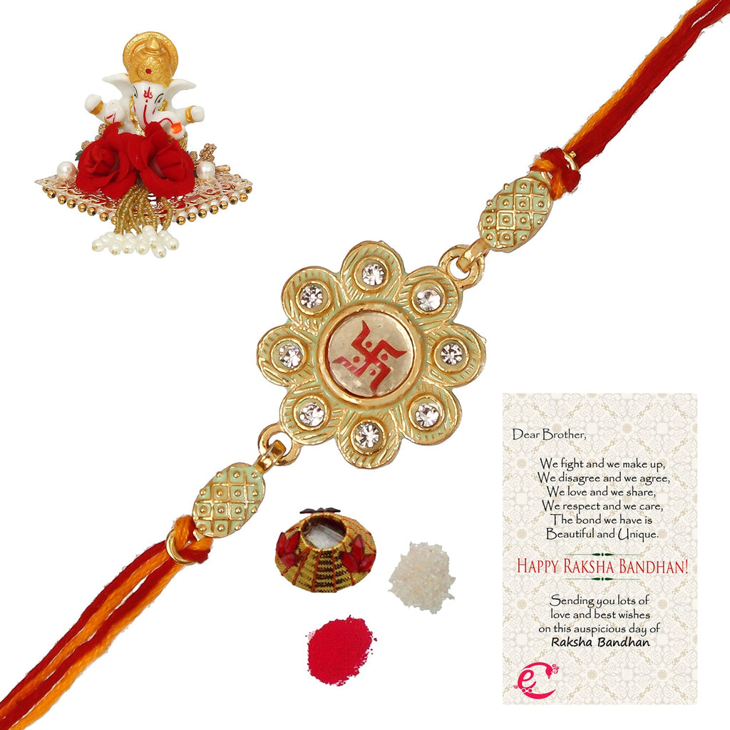 Designer Religious Swastik Rakhi with Lord Ganesha Idol on Decorative Plate for Car & Home and Roli Tikka Matki, Best Wishes Greeting Card Kafalo