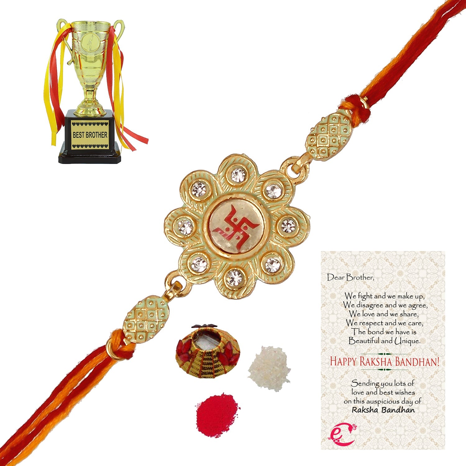 Designer Religious Swastik Rakhi with Best Brother Trophy and Roli Tikka Matki, Best Wishes Greeting Card Kafalo