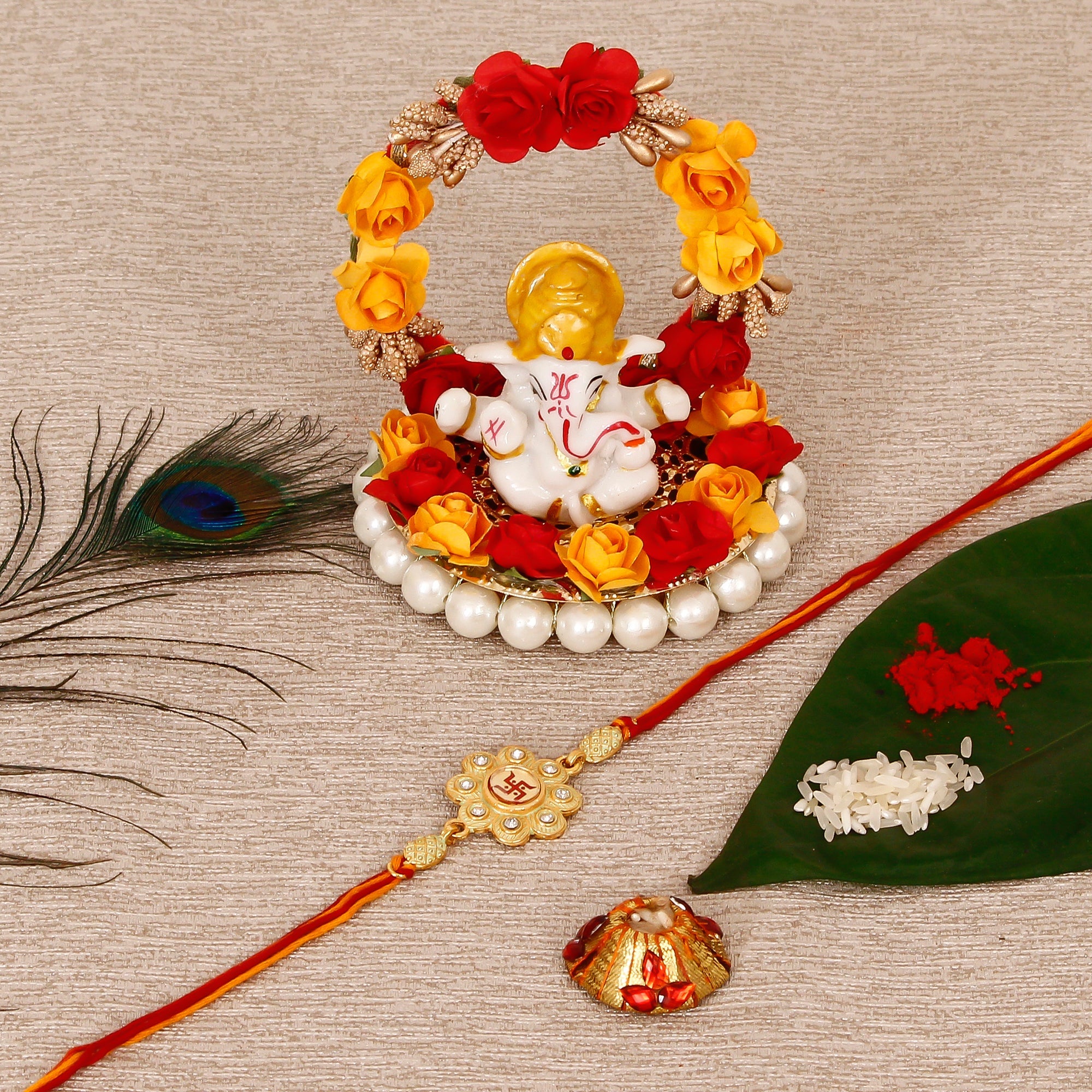 Designer Religious Swastik Rakhi with Lord Ganesha Idol on Decorative Plate for Car & Home and Roli Tikka Matki Kafalo