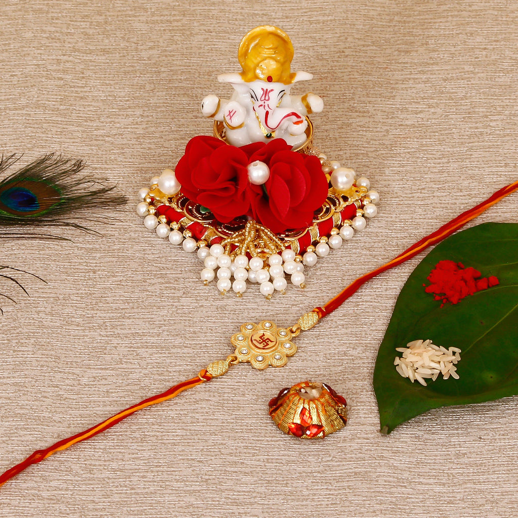 Designer Religious Swastik Rakhi with Lord Ganesha Idol on Decorative Plate for Car & Home and Roli Tikka Matki Kafalo