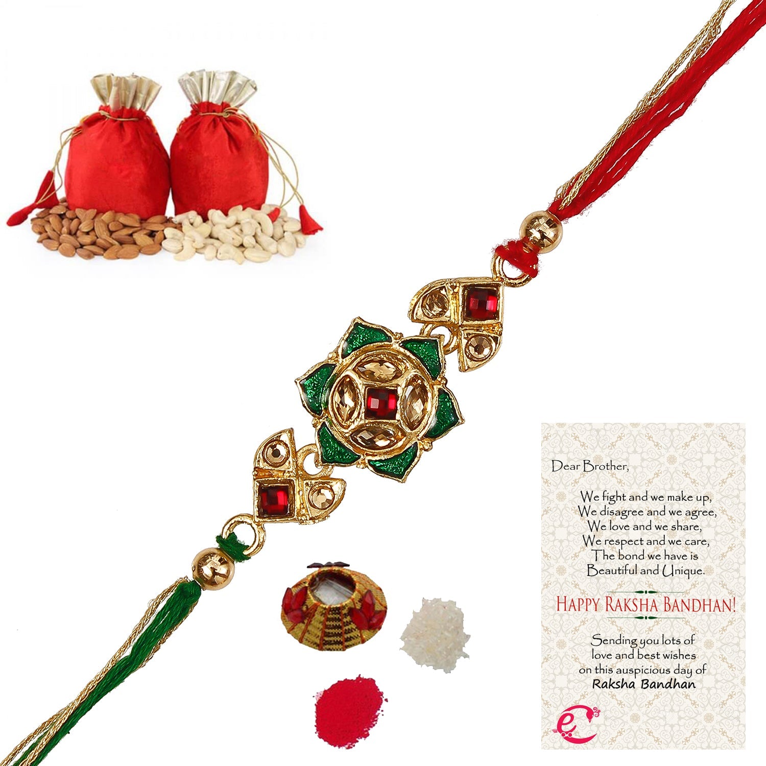 Designer Kundan Rakhi with Badam and Cashew (200 gm each, total 400 gm) and Roli Tikka Matki, Best Wishes Greeting Card Kafalo