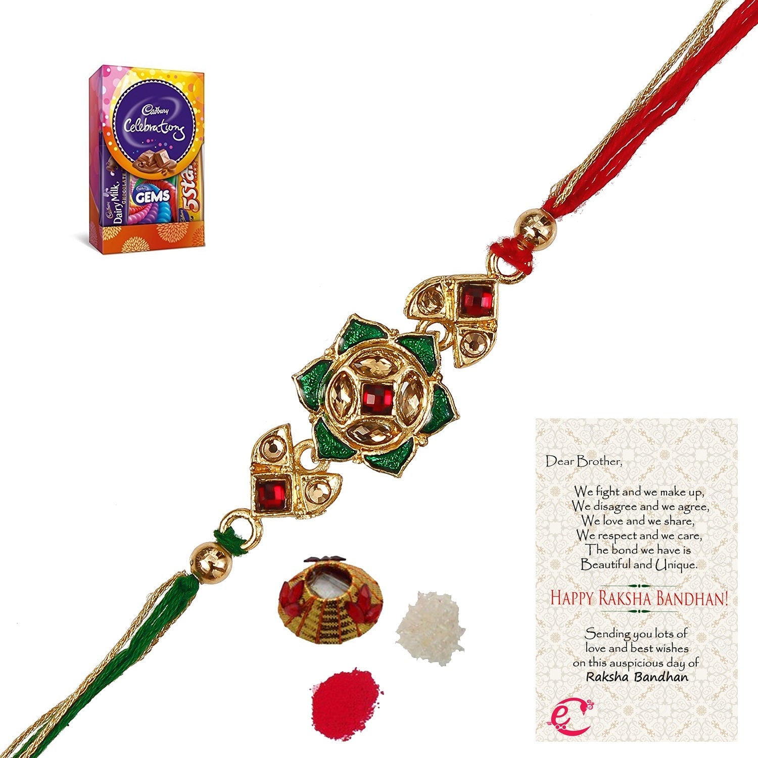 Designer Kundan Rakhi with Cadbury Celebrations Gift Pack of 5 Assorted Chocolates and Roli Tikka Matki, Best Wishes Greeting Card Kafalo