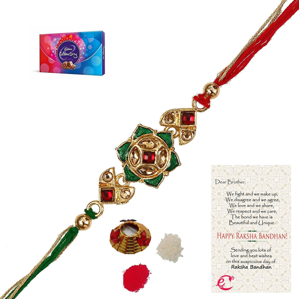 Designer Kundan Rakhi with Cadbury Celebrations Gift Pack of 7 Assorted Chocolates and Roli Tikka Matki, Best Wishes Greeting Card Kafalo