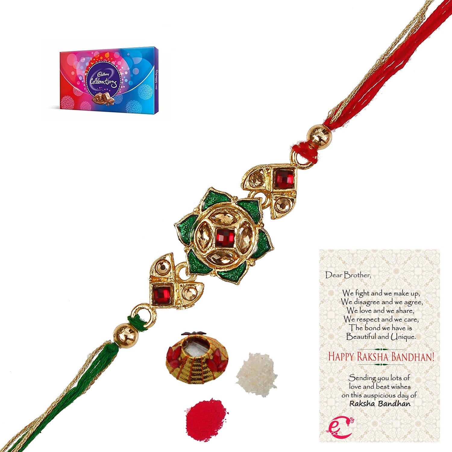 Designer Kundan Rakhi with Cadbury Celebrations Gift Pack of 7 Assorted Chocolates and Roli Tikka Matki, Best Wishes Greeting Card Kafalo