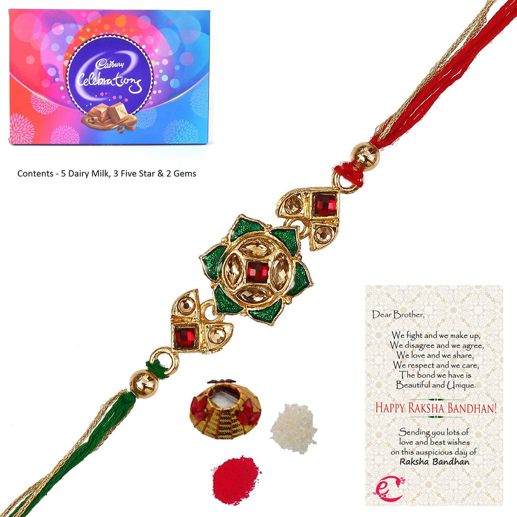 Designer Kundan Rakhi with Cadbury Celebrations Gift Pack of 11 Assorted Chocolates and Roli Tikka Matki, Best Wishes Greeting Card Kafalo