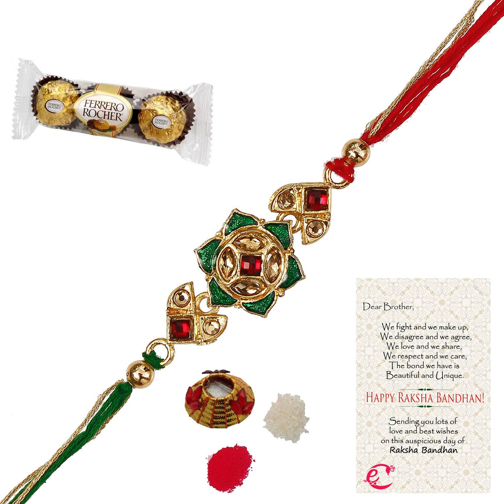 Designer Kundan Rakhi with Ferrero Rocher (3 pcs) and Roli Tikka Matki, Best Wishes Greeting Card Kafalo