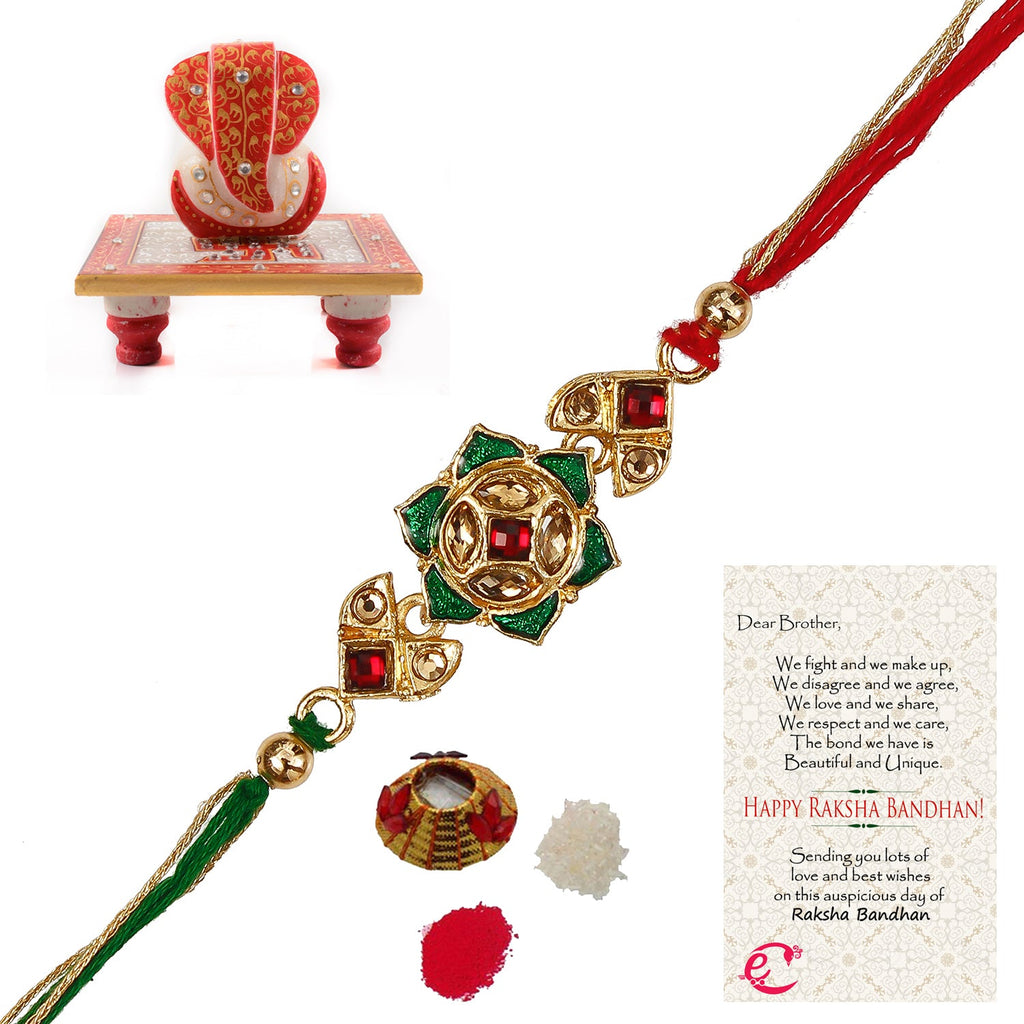 Designer Kundan Rakhi with Ridhi Sidhi Marble chowki and Roli Tikka Matki, Best Wishes Greeting Card Kafalo