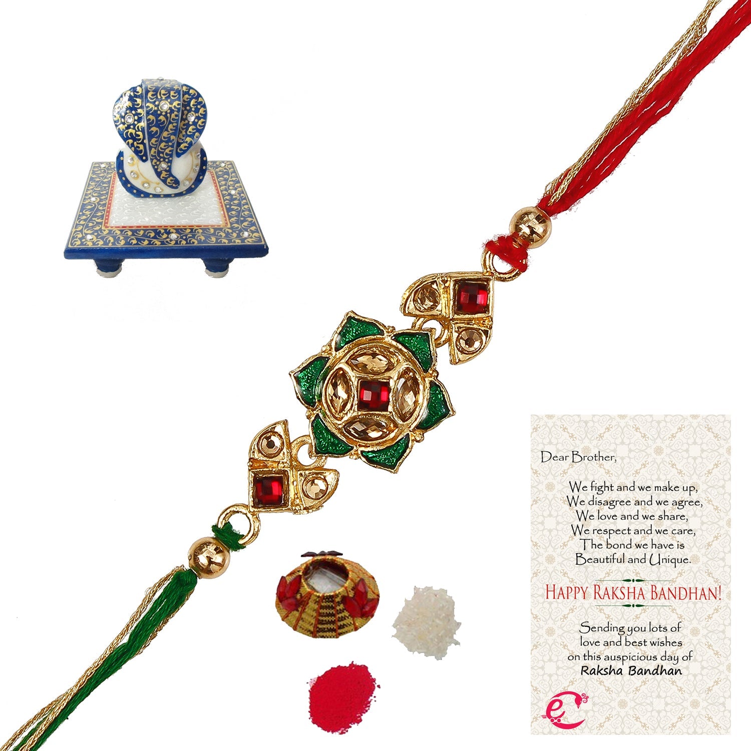 Designer Kundan Rakhi with Lord Ganesha Marble Chowki and Roli Tikka Matki, Best Wishes Greeting Card Kafalo