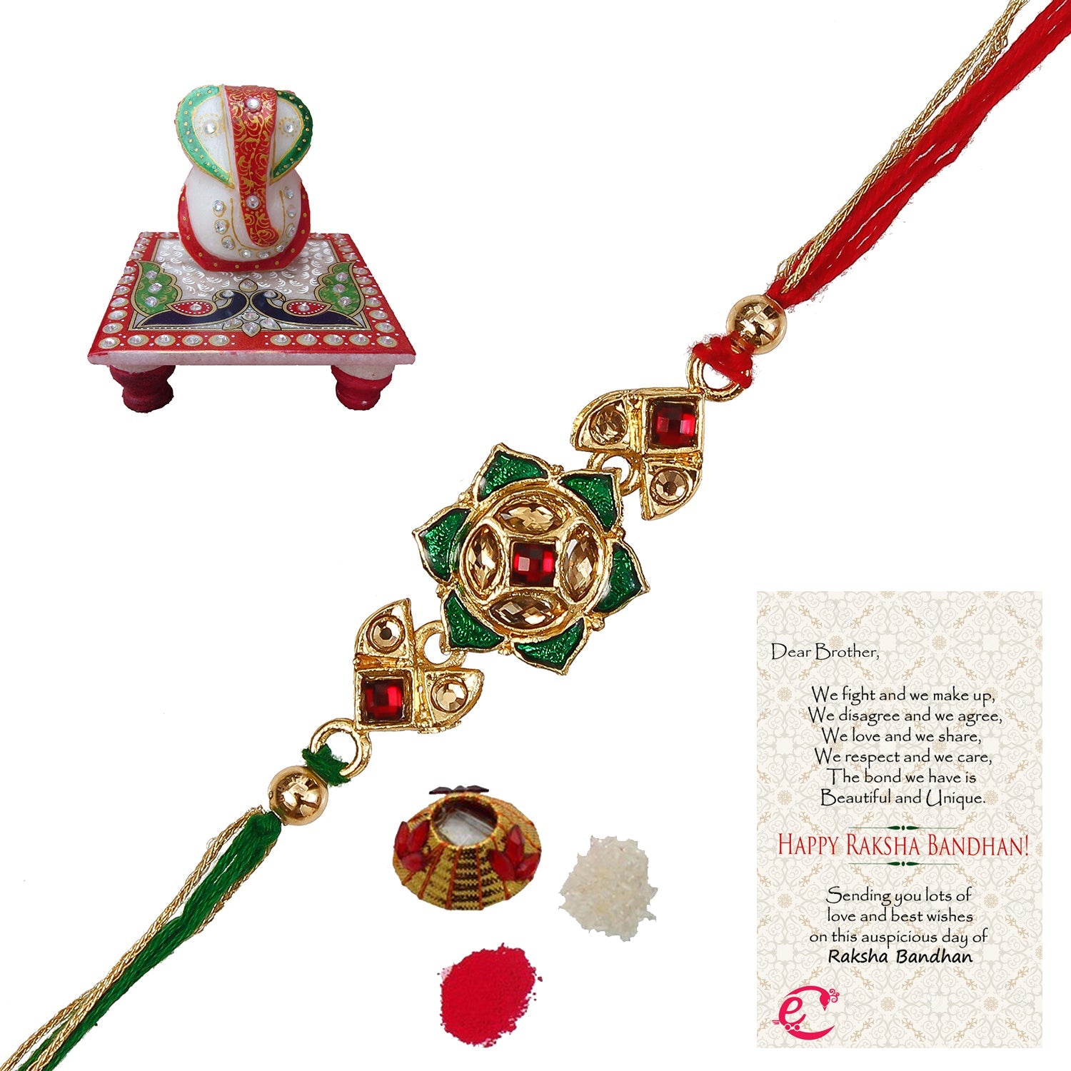 Designer Kundan Rakhi with Lord Ganesha Marble Chowki and Roli Tikka Matki, Best Wishes Greeting Card Kafalo