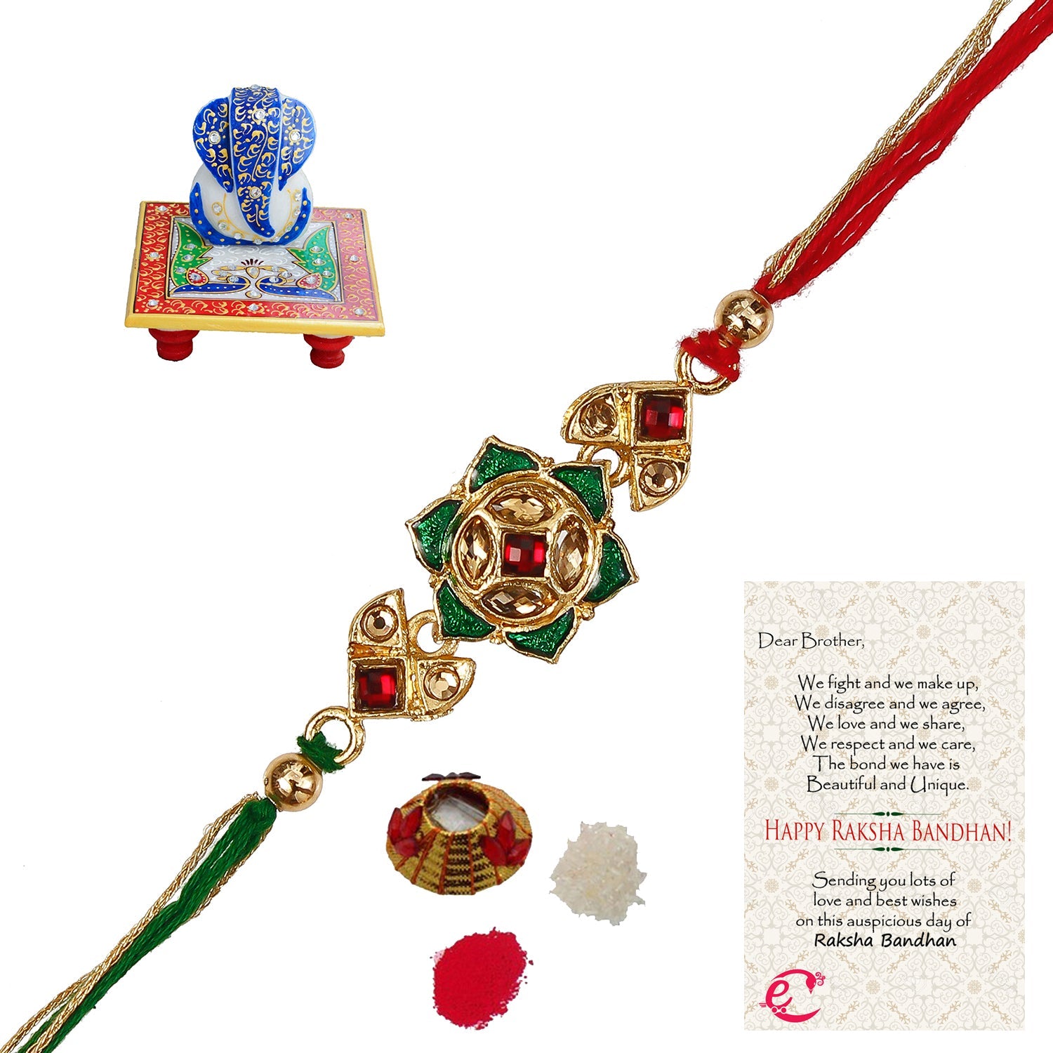 Designer Kundan Rakhi with Lord Ganesha on Marble Chowki and Roli Tikka Matki, Best Wishes Greeting Card Kafalo