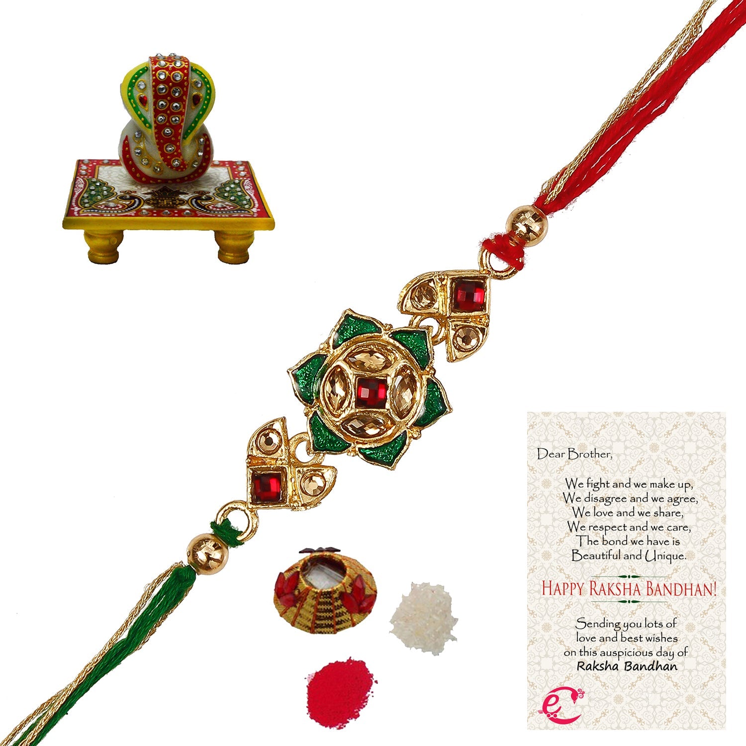 Designer Kundan Rakhi with Lord Ganesha on Marble Chowki and Roli Tikka Matki, Best Wishes Greeting Card Kafalo