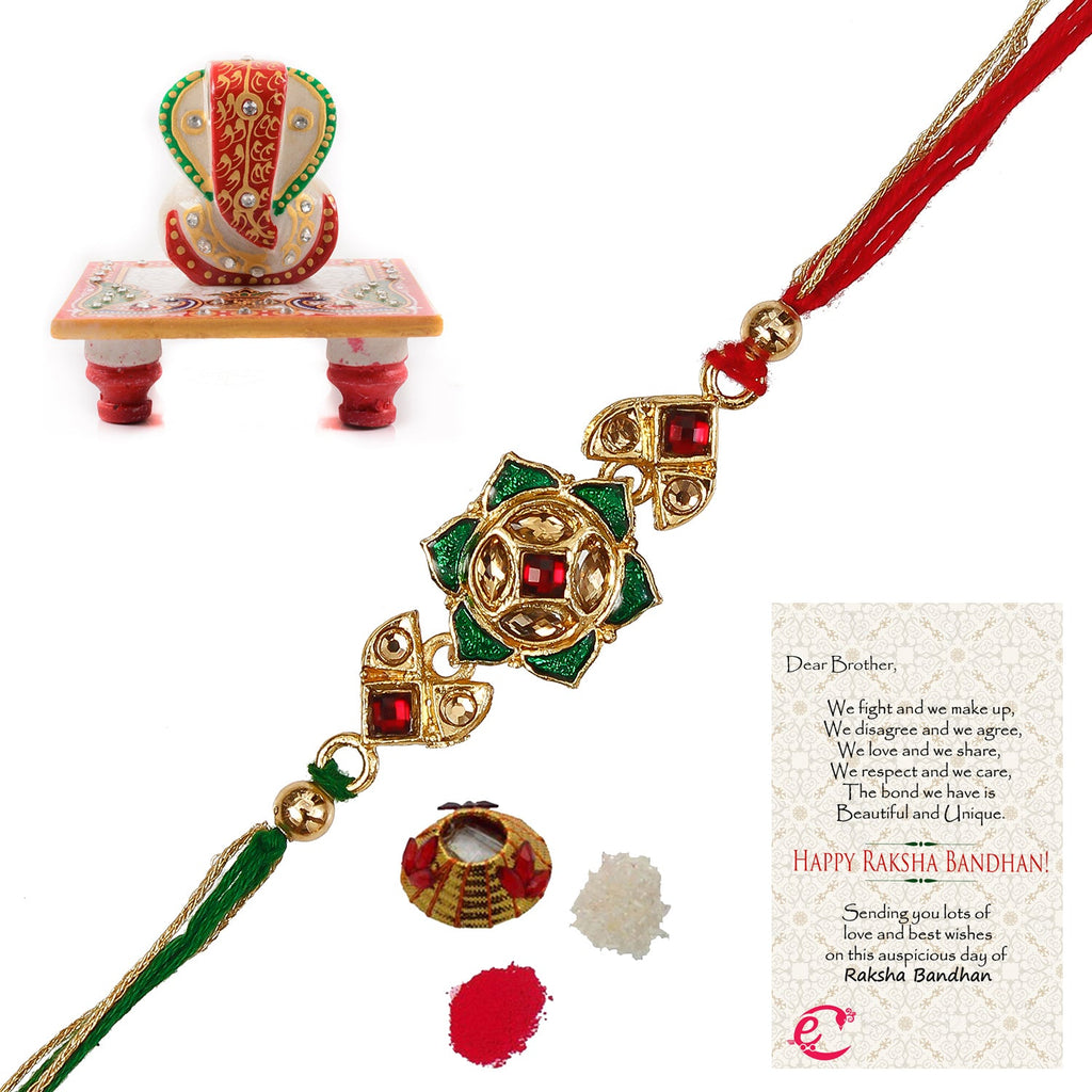 Designer Kundan Rakhi with Lord Ganesha Marble Chowki and Roli Tikka Matki, Best Wishes Greeting Card Kafalo