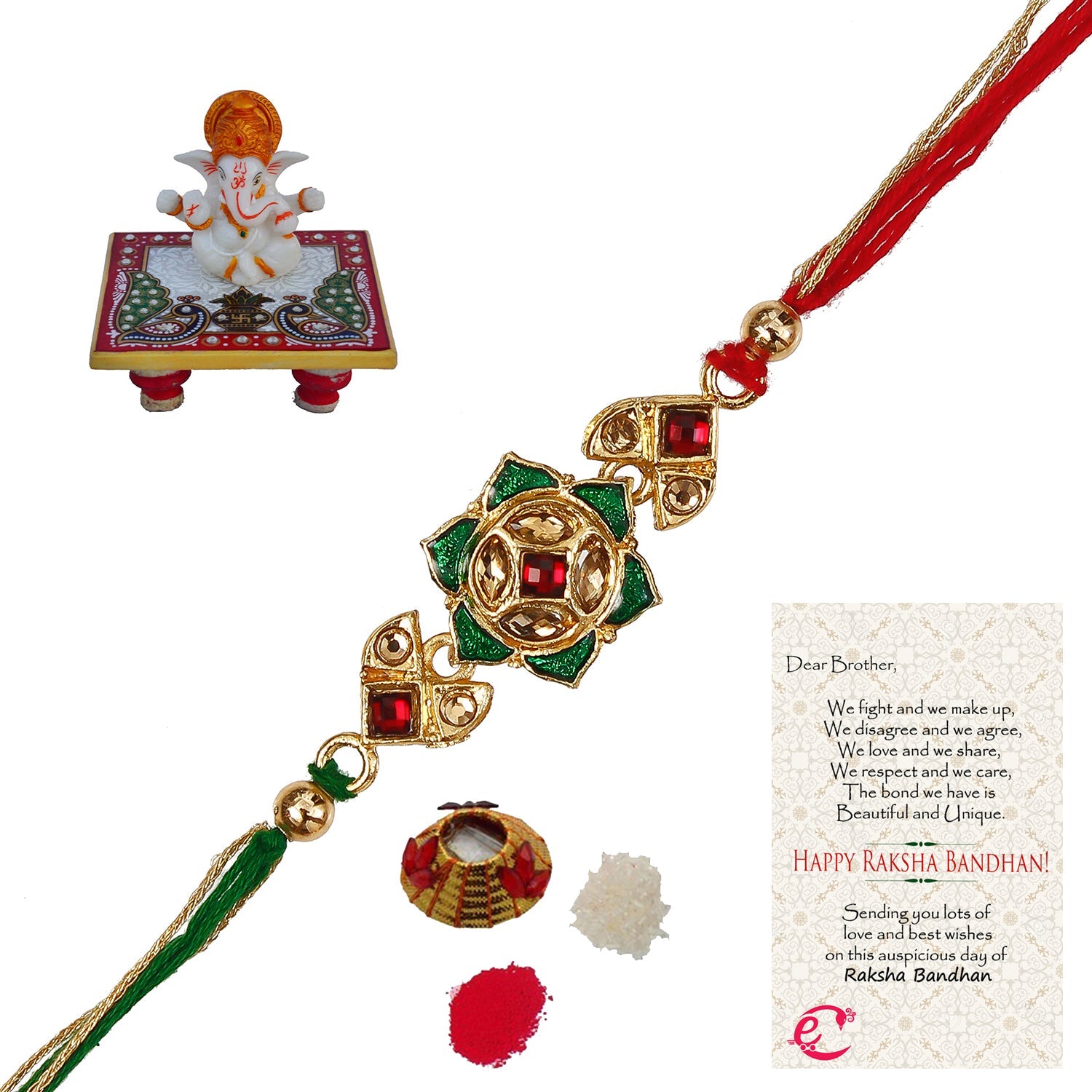 Designer Kundan Rakhi with Lord Ganesha Marble Chowki and Roli Tikka Matki, Best Wishes Greeting Card Kafalo