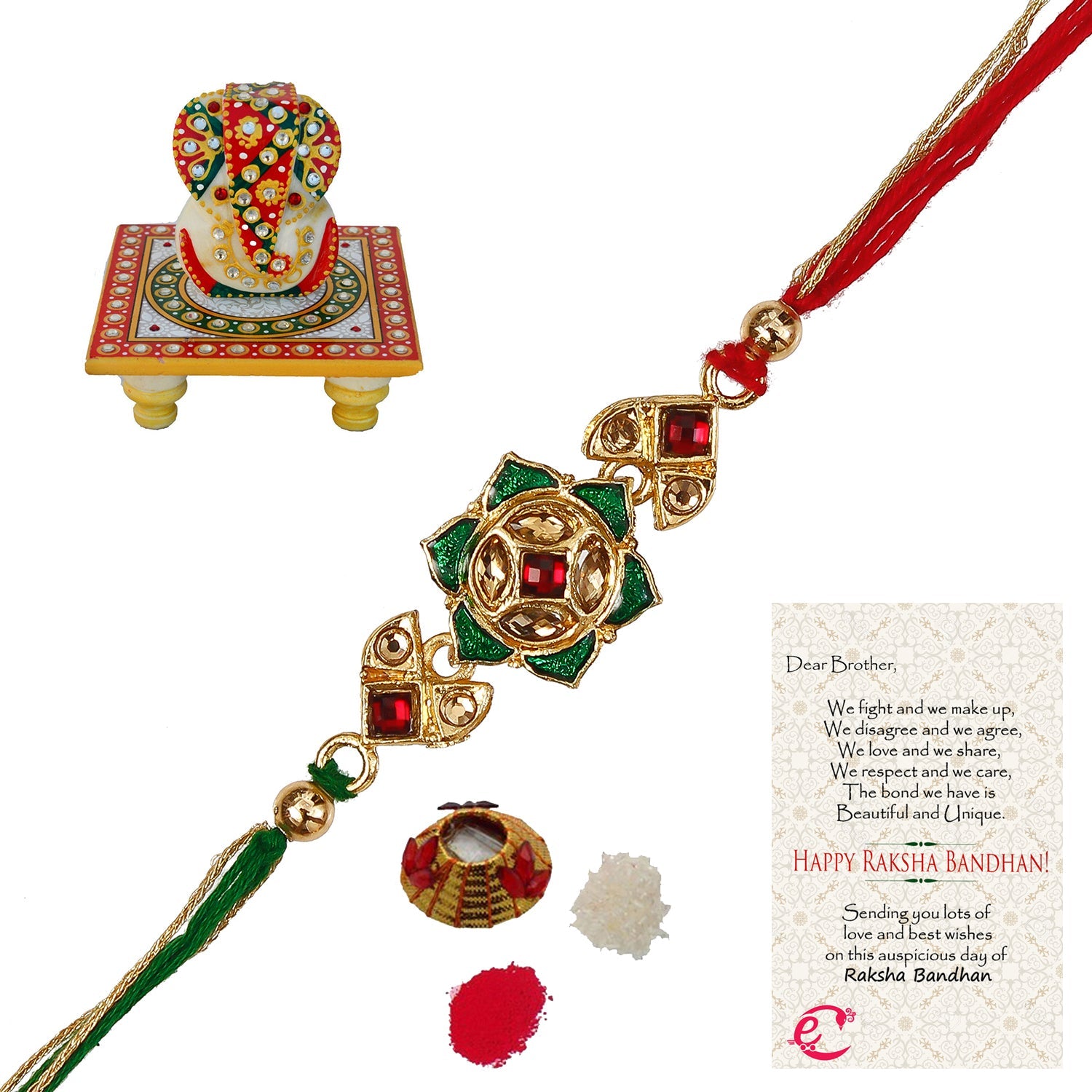Designer Kundan Rakhi with Lord Ganesha on Kundan Studded Marble Chowki and Roli Tikka Matki, Best Wishes Greeting Card Kafalo