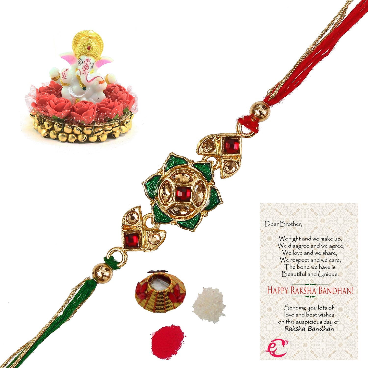 Designer Kundan Rakhi with Lord Ganesha Idol on Decorative Plate for Car & Home and Roli Tikka Matki, Best Wishes Greeting Card Kafalo
