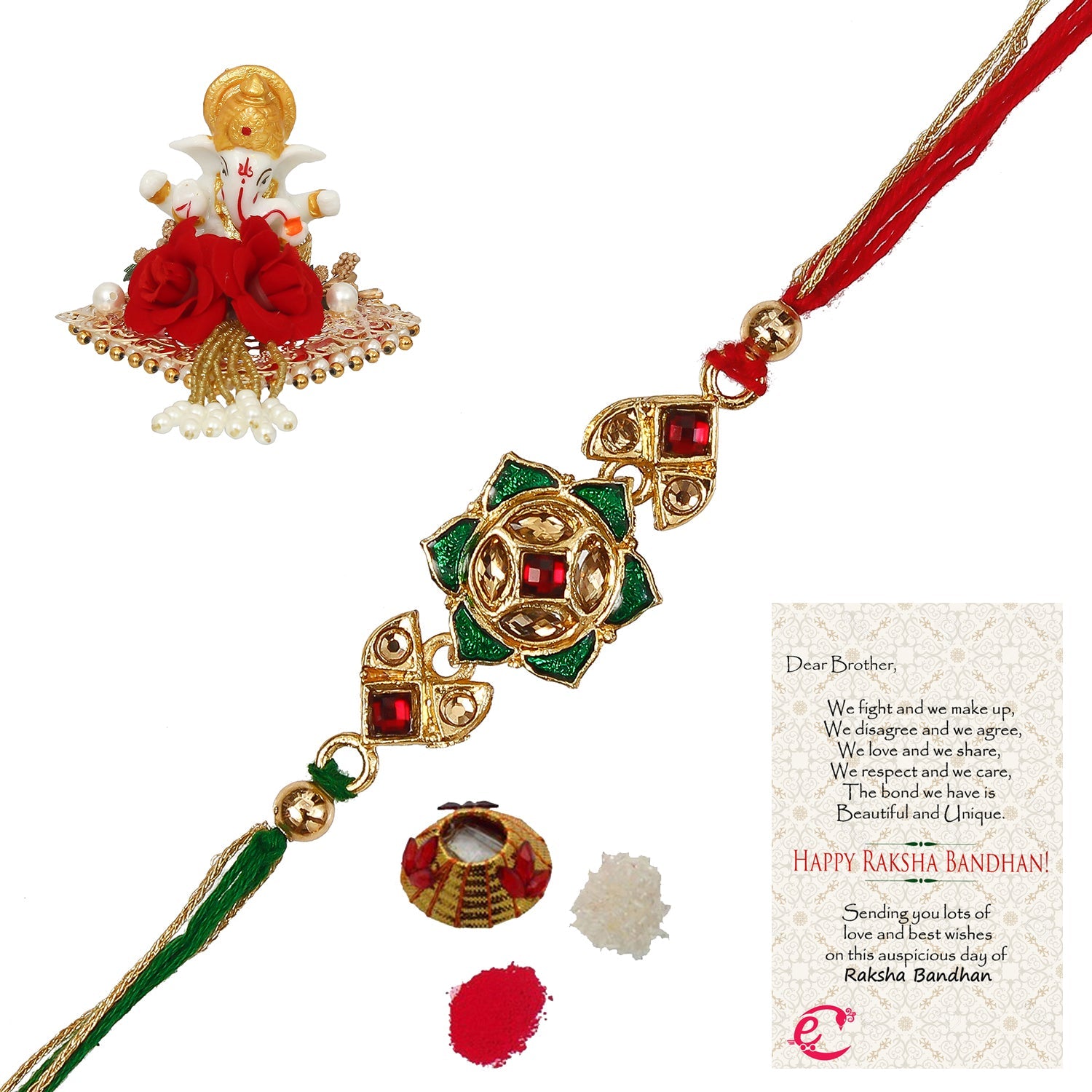 Designer Kundan Rakhi with Lord Ganesha Idol on Decorative Plate for Car & Home and Roli Tikka Matki, Best Wishes Greeting Card Kafalo