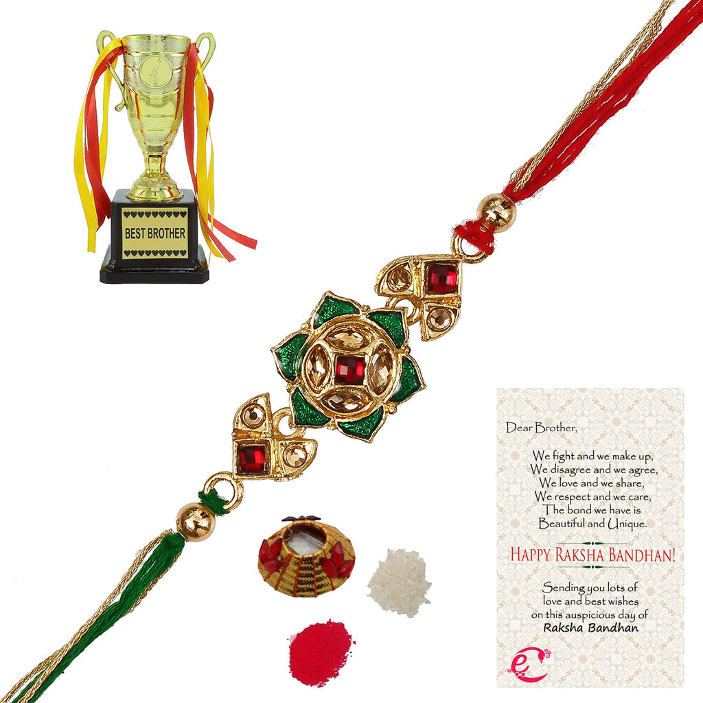 Designer Kundan Rakhi with Best Brother Trophy and Roli Tikka Matki, Best Wishes Greeting Card Kafalo