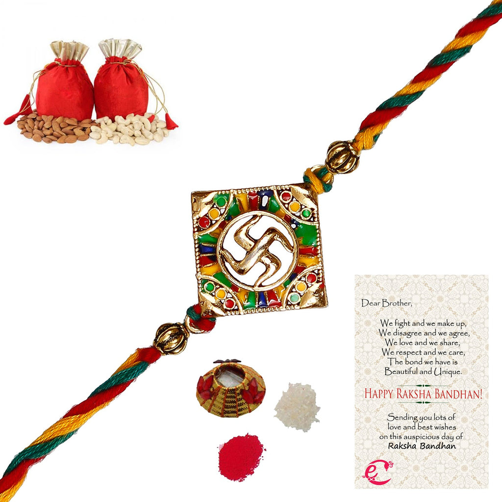 Designer Religious Swastik Rakhi with Badam and Cashew (200 gm each, total 400 gm) and Roli Tikka Matki, Best Wishes Greeting Card Kafalo