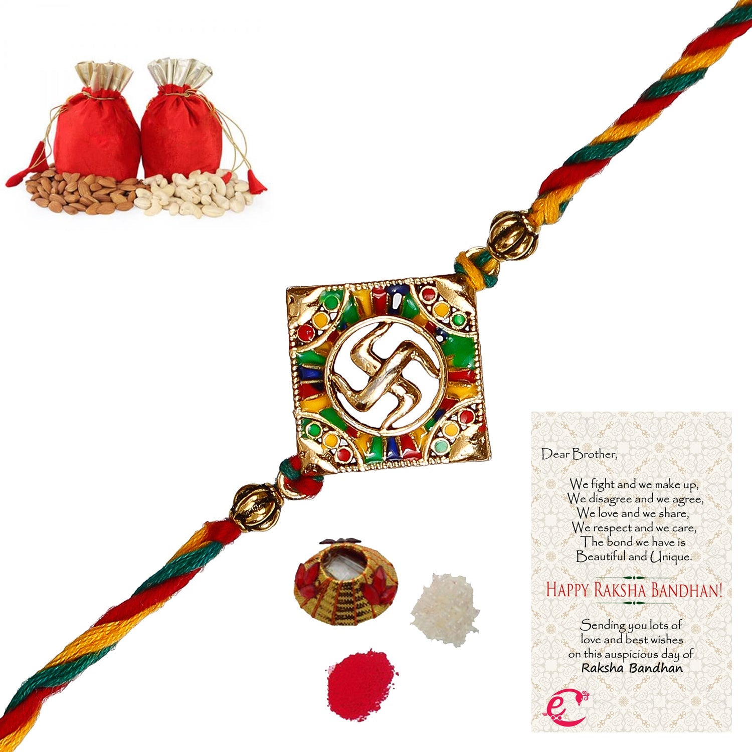 Designer Religious Swastik Rakhi with Badam and Cashew (200 gm each, total 400 gm) and Roli Tikka Matki, Best Wishes Greeting Card Kafalo