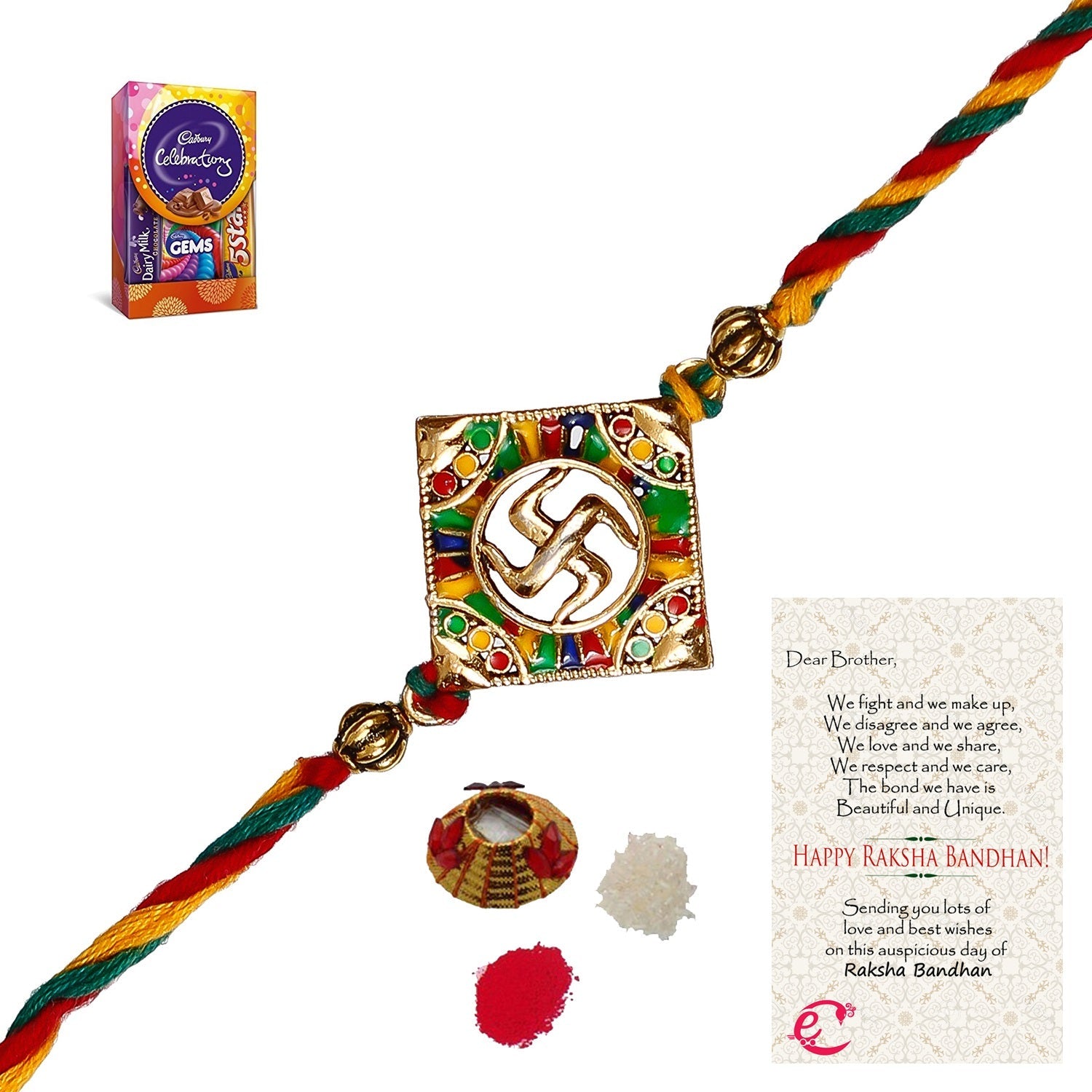 Designer Religious Swastik Rakhi with Cadbury Celebrations Gift Pack of 5 Assorted Chocolates and Roli Tikka Matki, Best Wishes Greeting Card Kafalo