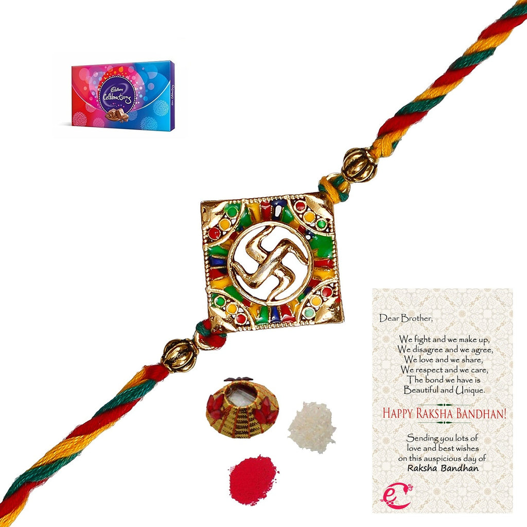 Designer Religious Swastik Rakhi with Cadbury Celebrations Gift Pack of 7 Assorted Chocolates and Roli Tikka Matki, Best Wishes Greeting Card Kafalo