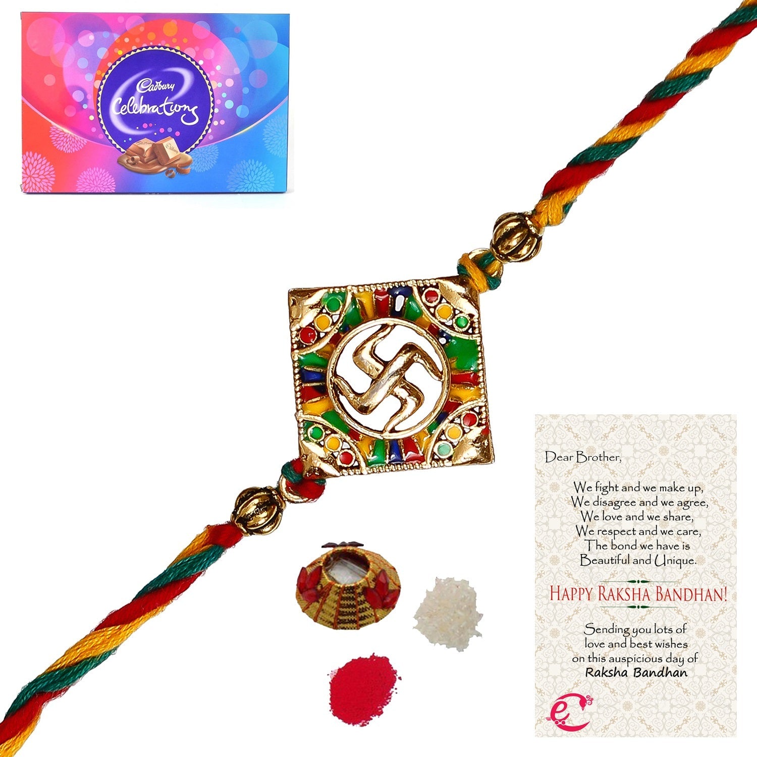 Designer Religious Swastik Rakhi with Cadbury Celebrations Gift Pack of 11 Assorted Chocolates and Roli Tikka Matki, Best Wishes Greeting Card Kafalo