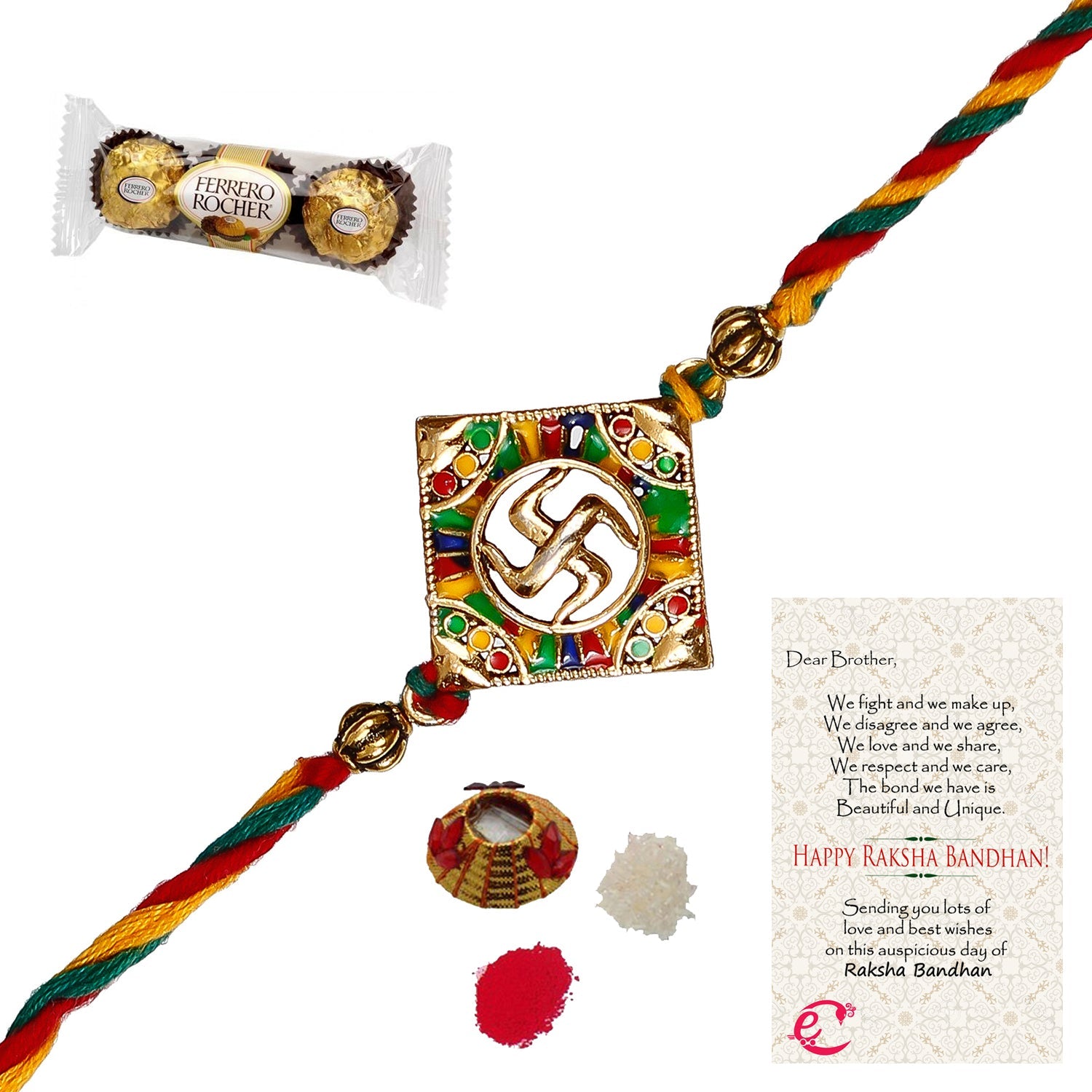 Designer Religious Swastik Rakhi with Ferrero Rocher (3 pcs) and Roli Tikka Matki, Best Wishes Greeting Card Kafalo