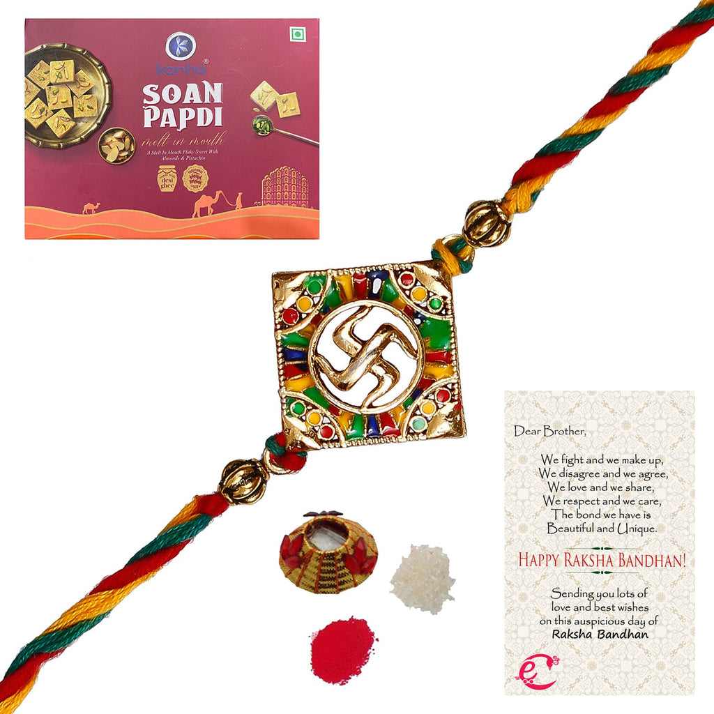 Designer Religious Swastik Rakhi with Soan Papdi (500 Gm) and Roli Tikka Matki, Best Wishes Greeting Card Kafalo
