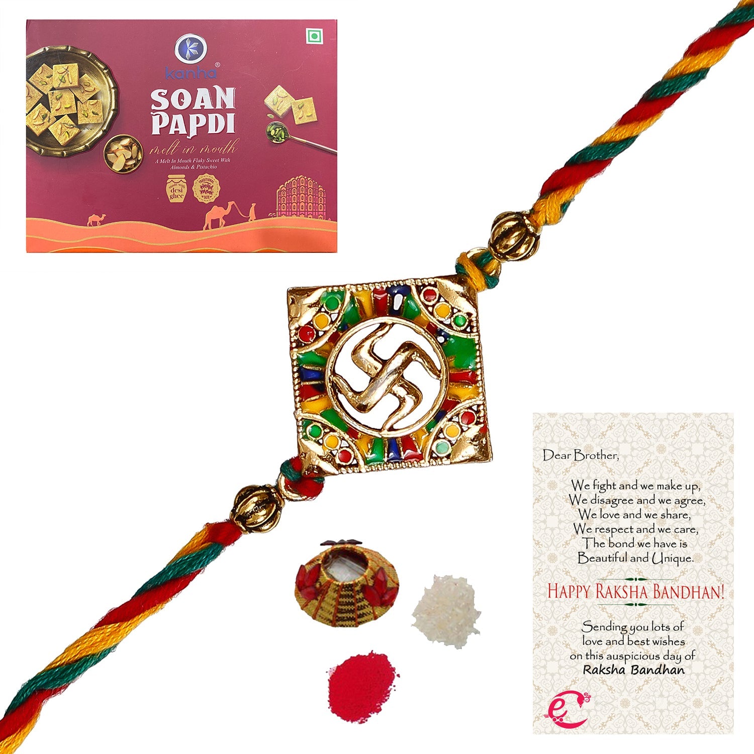 Designer Religious Swastik Rakhi with Soan Papdi (500 Gm) and Roli Tikka Matki, Best Wishes Greeting Card Kafalo