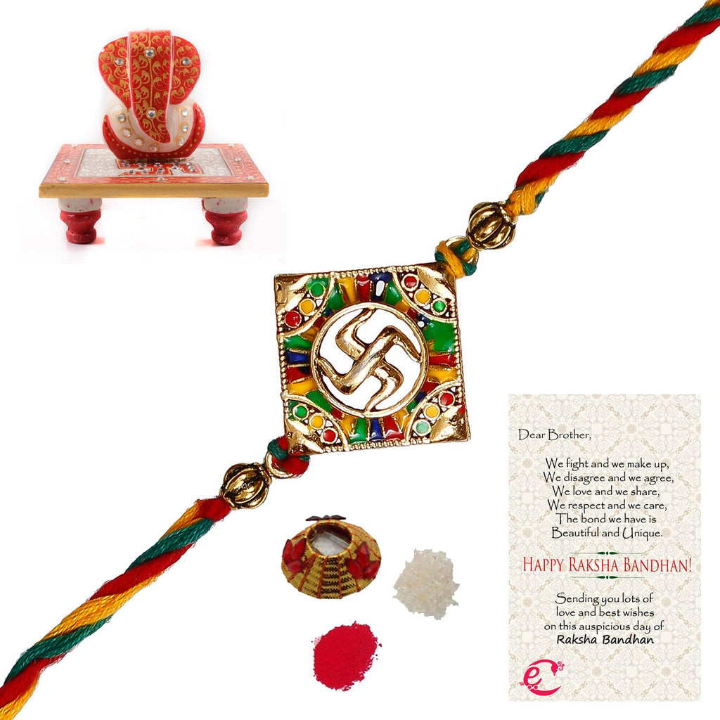 Designer Religious Swastik Rakhi with Ridhi Sidhi Marble chowki and Roli Tikka Matki, Best Wishes Greeting Card Kafalo