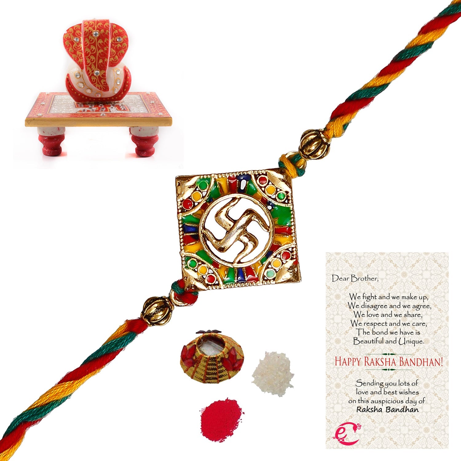 Designer Religious Swastik Rakhi with Ridhi Sidhi Marble chowki and Roli Tikka Matki, Best Wishes Greeting Card Kafalo