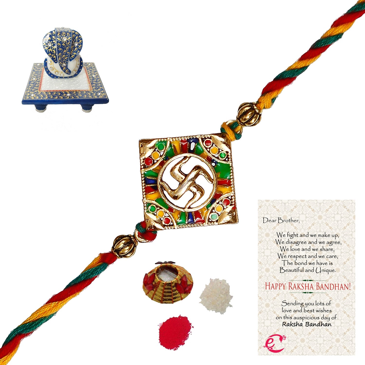 Designer Religious Swastik Rakhi with Lord Ganesha Marble Chowki and Roli Tikka Matki, Best Wishes Greeting Card Kafalo