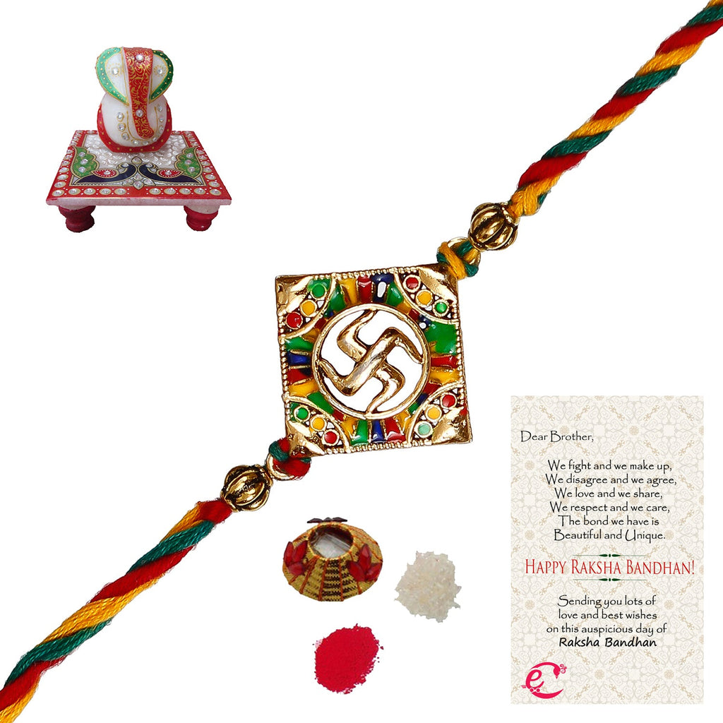 Designer Religious Swastik Rakhi with Lord Ganesha Marble Chowki and Roli Tikka Matki, Best Wishes Greeting Card Kafalo